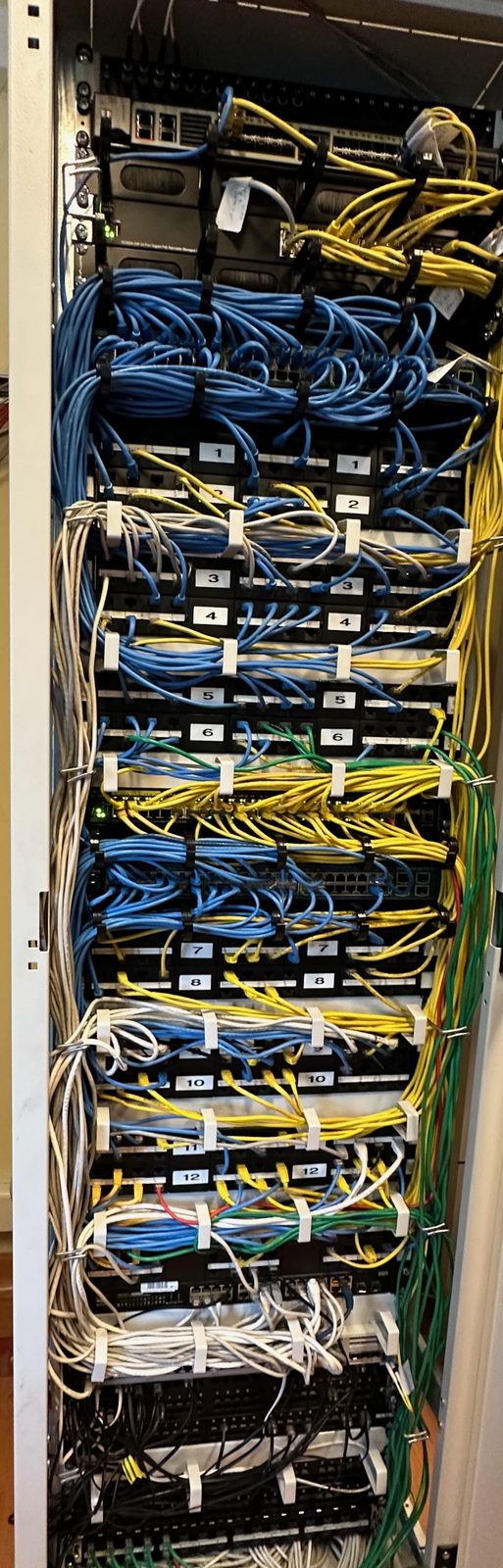 Ta sama szafa po modernizacji PaverNet — ponumerowane porty, zorganizowane wiązki kabli, czytelna struktura